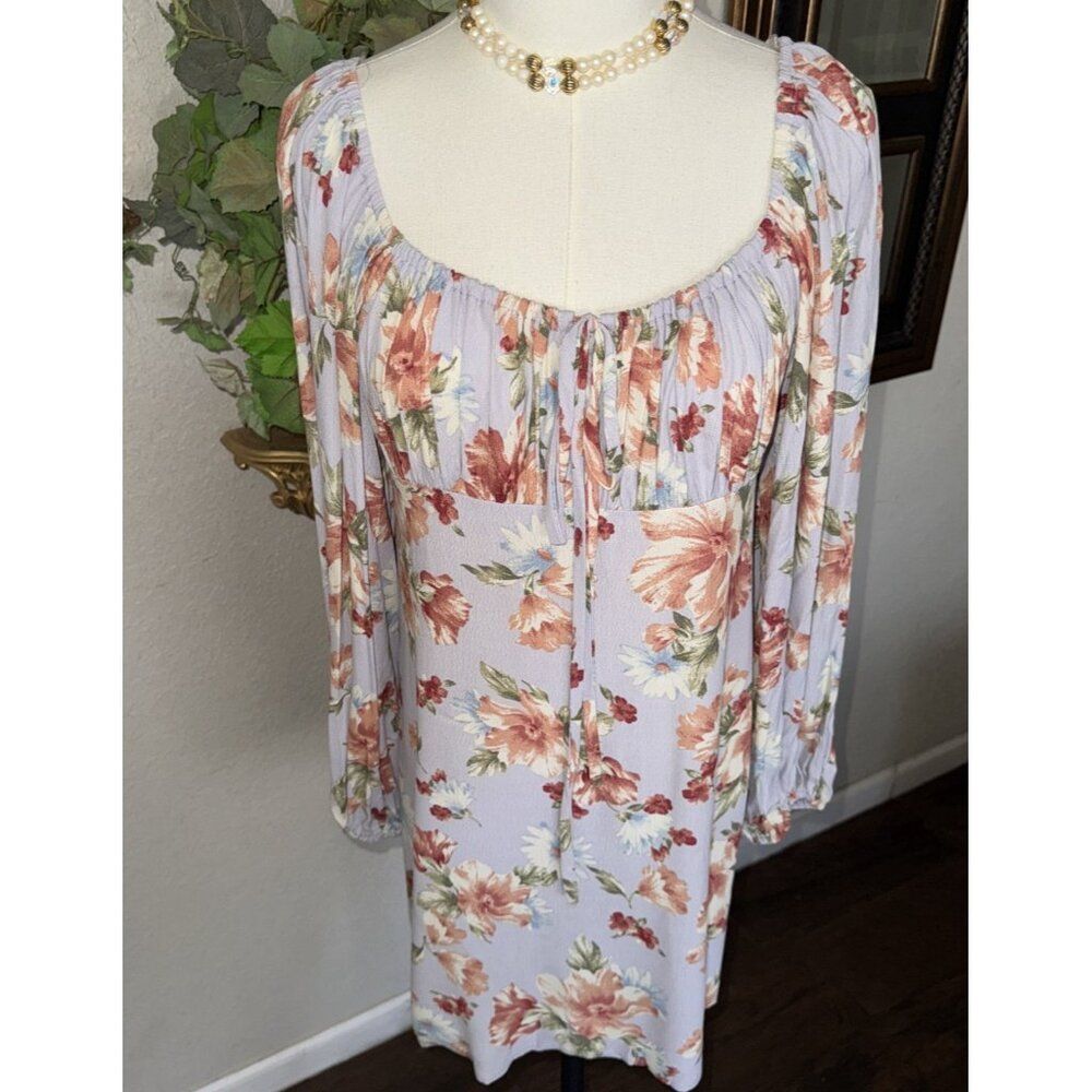 Women's Floral Dress Flowy Long Bell Sleeve Tie Front Deep Zipper V Back Size S
